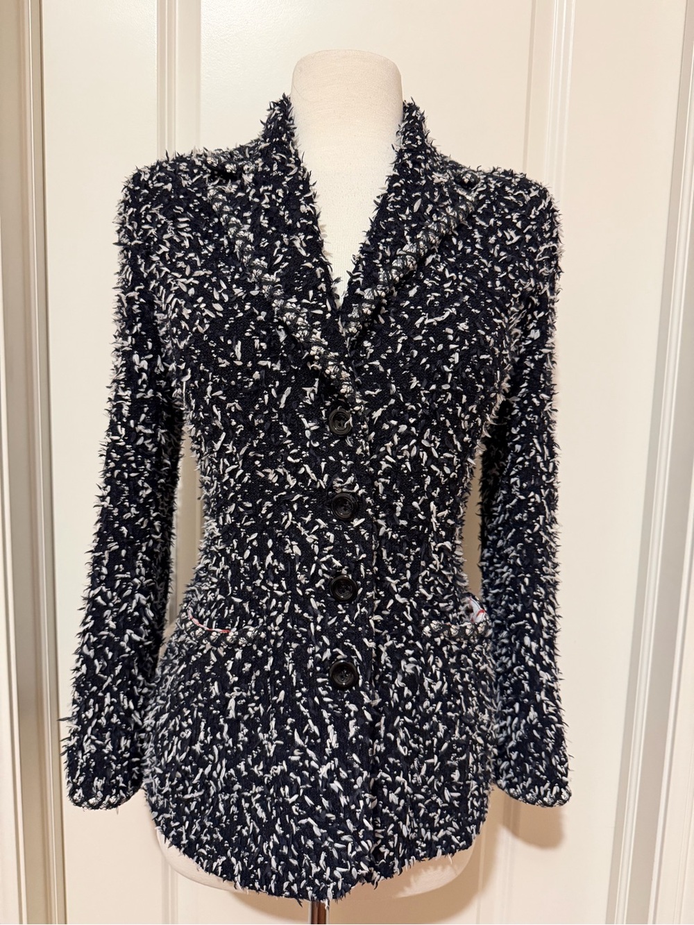 St John Couture Black & White Bouclé Button-Up Women's Jacket